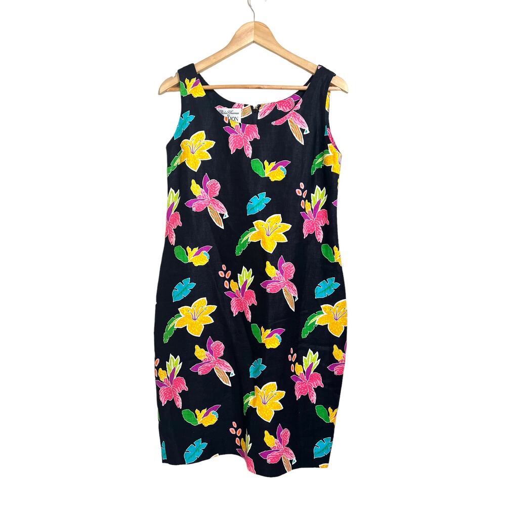 VINTAGE Women’s Sleeveless 100% Linen Tropical Floral Shift Dress Size 8